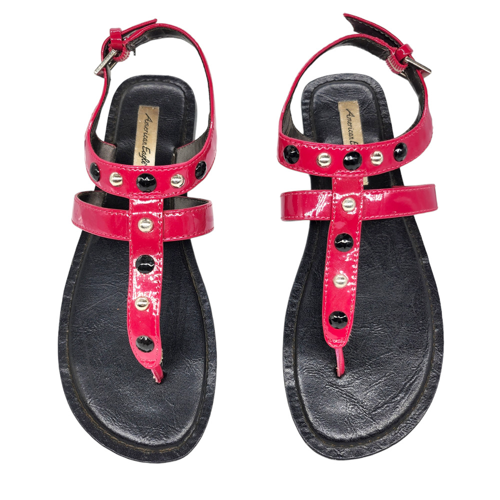 American Eagle Sandals Womens 8 Hot Pink Black Silver Studded Strappy Gladiator